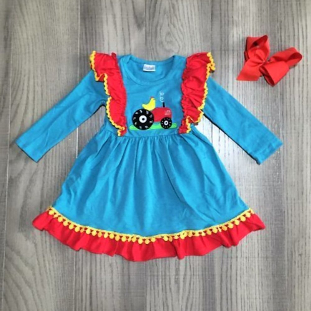 Boutique Farm Tractor Chicken Girls Long Sleeve Dress